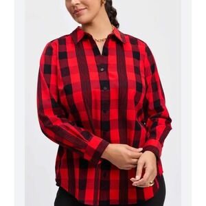 Foxcroft Haven Red Black Buffalo Plaid Button Up Shirt 18W No-Iron Long Sleeve